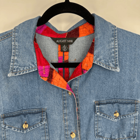 Vintage August Max Womens Denim Shirt Dress Midi Size L Cotton Silk Western Blue - Picture 15 of 16